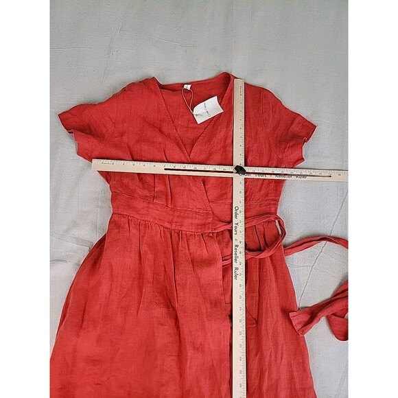 Grae Cove Linen Dress M Orange Wrap Tie Pockets V Neck Praire Cottagecore NEW - Picture 10 of 13